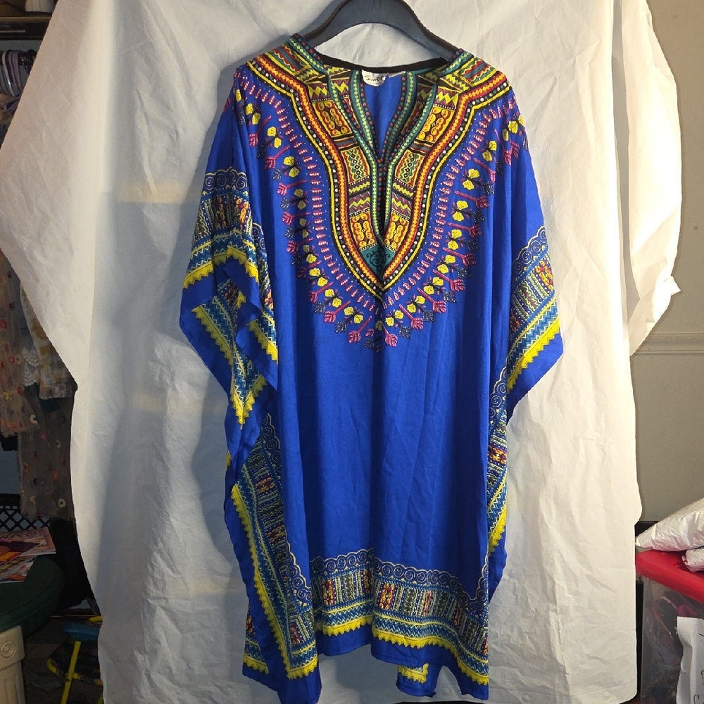 Vibrant Blue Kaftan with Colorful Patterns